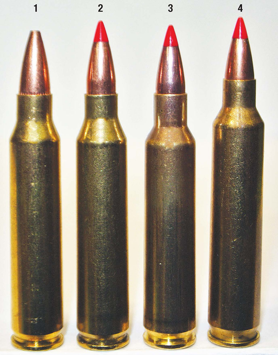 A (1) 223 Remington is shown with three .20-caliber cartridges: (2) 20 Practical, (3) 20 Tactical and (4) 204 Ruger.